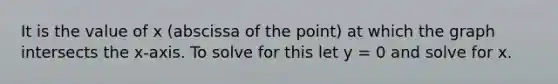 It is the value of x (abscissa of the point) at which the graph intersects the x-axis. To solve for this let y = 0 and solve for x.