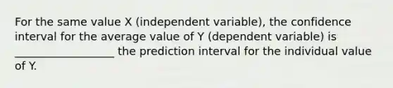 For the same value X (independent variable), the confidence interval for the average value of Y (dependent variable) is __________________ the prediction interval for the individual value of Y.