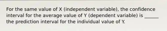 For the same value of X (independent variable), the confidence interval for the average value of Y (dependent variable) is ______ the prediction interval for the individual value of Y.