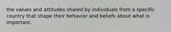 the values and attitudes shared by individuals from a specific country that shape their behavior and beliefs about what is important.