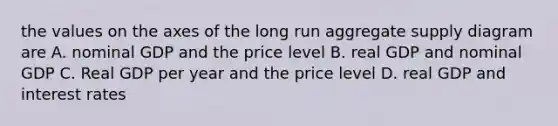 the values on the axes of the long run aggregate supply diagram are A. nominal GDP and the price level B. real GDP and nominal GDP C. Real GDP per year and the price level D. real GDP and interest rates