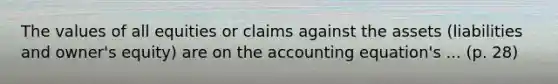 The values of all equities or claims against the assets (liabilities and owner's equity) are on the accounting equation's ... (p. 28)