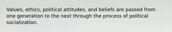 Values, ethics, political attitudes, and beliefs are passed from one generation to the next through the process of political socialization.