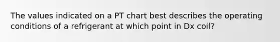 The values indicated on a PT chart best describes the operating conditions of a refrigerant at which point in Dx coil?