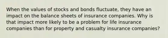 When the values of stocks and bonds fluctuate, they have an impact on the balance sheets of insurance companies. Why is that impact more likely to be a problem for life insurance companies than for property and casualty insurance companies?