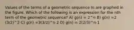 Values of the terms of a geometric sequence In are graphed in the figure. Which of the following is an expression for the nth term of the geometric sequence? A) g(n) = 2^n B) g(n) =2 (3/2)^2 C) g(n) =3(3/2)^n-2 D) g(n) = 2(2/3)^n-1