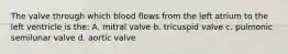 The valve through which blood flows from the left atrium to the left ventricle is the: A. mitral valve b. tricuspid valve c. pulmonic semilunar valve d. aortic valve