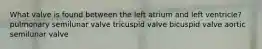 What valve is found between the left atrium and left ventricle? pulmonary semilunar valve tricuspid valve bicuspid valve aortic semilunar valve