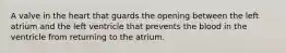 A valve in the heart that guards the opening between the left atrium and the left ventricle that prevents the blood in the ventricle from returning to the atrium.
