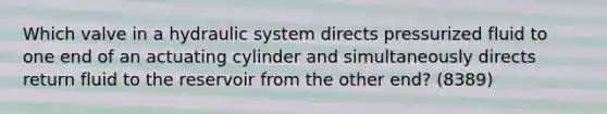 Which valve in a hydraulic system directs pressurized fluid to one end of an actuating cylinder and simultaneously directs return fluid to the reservoir from the other end? (8389)