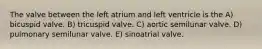 The valve between the left atrium and left ventricle is the A) bicuspid valve. B) tricuspid valve. C) aortic semilunar valve. D) pulmonary semilunar valve. E) sinoatrial valve.