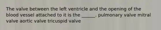 The valve between the left ventricle and the opening of the blood vessel attached to it is the ______. pulmonary valve mitral valve aortic valve tricuspid valve