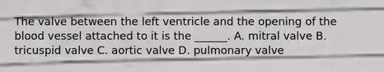 The valve between the left ventricle and the opening of the blood vessel attached to it is the ______. A. mitral valve B. tricuspid valve C. aortic valve D. pulmonary valve