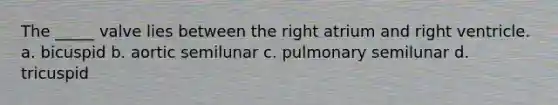 The _____ valve lies between the right atrium and right ventricle. a. bicuspid b. aortic semilunar c. pulmonary semilunar d. tricuspid