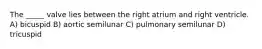 The _____ valve lies between the right atrium and right ventricle. A) bicuspid B) aortic semilunar C) pulmonary semilunar D) tricuspid