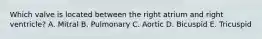 Which valve is located between the right atrium and right ventricle? A. Mitral B. Pulmonary C. Aortic D. Bicuspid E. Tricuspid