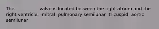 The __________ valve is located between the right atrium and the right ventricle. -mitral -pulmonary semilunar -tricuspid -aortic semilunar