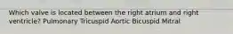 Which valve is located between the right atrium and right ventricle? Pulmonary Tricuspid Aortic Bicuspid Mitral