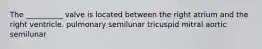 The __________ valve is located between the right atrium and the right ventricle. pulmonary semilunar tricuspid mitral aortic semilunar