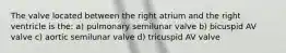 The valve located between the right atrium and the right ventricle is the: a) pulmonary semilunar valve b) bicuspid AV valve c) aortic semilunar valve d) tricuspid AV valve