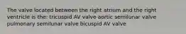 The valve located between the right atrium and the right ventricle is the: tricuspid AV valve aortic semilunar valve pulmonary semilunar valve bicuspid AV valve