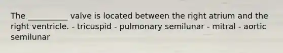 The __________ valve is located between the right atrium and the right ventricle. - tricuspid - pulmonary semilunar - mitral - aortic semilunar