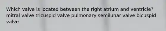 Which valve is located between the right atrium and ventricle? mitral valve tricuspid valve pulmonary semilunar valve bicuspid valve