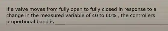 If a valve moves from fully open to fully closed in response to a change in the measured variable of 40 to 60% , the controllers proportional band is ____.