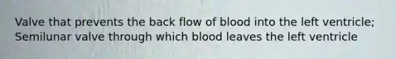 Valve that prevents the back flow of blood into the left ventricle; Semilunar valve through which blood leaves the left ventricle