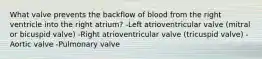 What valve prevents the backflow of blood from the right ventricle into the right atrium? -Left atrioventricular valve (mitral or bicuspid valve) -Right atrioventricular valve (tricuspid valve) -Aortic valve -Pulmonary valve