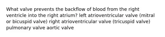 What valve prevents the backflow of blood from the right ventricle into the right atrium? left atrioventricular valve (mitral or bicuspid valve) right atrioventricular valve (tricuspid valve) pulmonary valve aortic valve