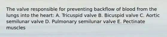 The valve responsible for preventing backflow of blood from the lungs into <a href='https://www.questionai.com/knowledge/kya8ocqc6o-the-heart' class='anchor-knowledge'>the heart</a>: A. Tricuspid valve B. Bicuspid valve C. Aortic semilunar valve D. Pulmonary semilunar valve E. Pectinate muscles