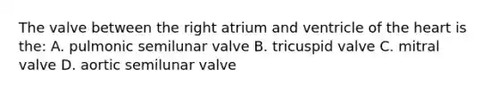 The valve between the right atrium and ventricle of the heart is the: A. pulmonic semilunar valve B. tricuspid valve C. mitral valve D. aortic semilunar valve