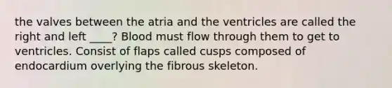 the valves between the atria and the ventricles are called the right and left ____? Blood must flow through them to get to ventricles. Consist of flaps called cusps composed of endocardium overlying the fibrous skeleton.