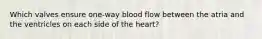 Which valves ensure one-way blood flow between the atria and the ventricles on each side of the heart?