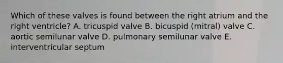 Which of these valves is found between the right atrium and the right ventricle? A. tricuspid valve B. bicuspid (mitral) valve C. aortic semilunar valve D. pulmonary semilunar valve E. interventricular septum