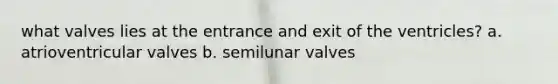 what valves lies at the entrance and exit of the ventricles? a. atrioventricular valves b. semilunar valves