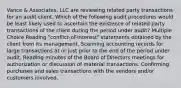 Vance & Associates, LLC are reviewing related party transactions for an audit client. Which of the following audit procedures would be least likely used to ascertain the existence of related party transactions of the client during the period under audit? Multiple Choice Reading "conflict-of-interest" statements obtained by the client from its management. Scanning accounting records for large transactions at or just prior to the end of the period under audit. Reading minutes of the Board of Directors meetings for authorization or discussion of material transactions. Confirming purchases and sales transactions with the vendors and/or customers involved.