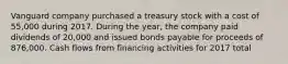 Vanguard company purchased a treasury stock with a cost of 55,000 during 2017. During the year, the company paid dividends of 20,000 and issued bonds payable for proceeds of 876,000. Cash flows from financing activities for 2017 total