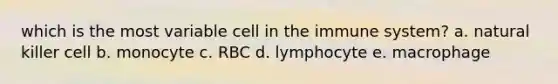 which is the most variable cell in the immune system? a. natural killer cell b. monocyte c. RBC d. lymphocyte e. macrophage