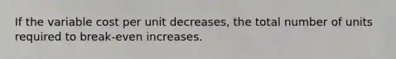 If the variable cost per unit decreases, the total number of units required to break-even increases.