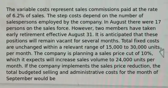 The variable costs represent sales commissions paid at the rate of 6.2% of sales. The step costs depend on the number of salespersons employed by the company. In August there were 17 persons on the sales force. However, two members have taken early retirement effective August 31. It is anticipated that these positions will remain vacant for several months. Total fixed costs are unchanged within a relevant range of 15,000 to 30,000 units per month. The company is planning a sales price cut of 10%, which it expects will increase sales volume to 24,000 units per month. If the company implements the sales price reduction, the total budgeted selling and administrative costs for the month of September would be