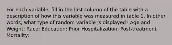 For each variable, fill in the last column of the table with a description of how this variable was measured in table 1. In other words, what type of random variable is displayed? Age and Weight: Race: Education: Prior Hospitalization: Post-treatment Mortality: