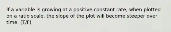 If a variable is growing at a positive constant rate, when plotted on a ratio scale, the slope of the plot will become steeper over time. (T/F)