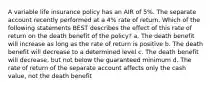 A variable life insurance policy has an AIR of 5%. The separate account recently performed at a 4% rate of return. Which of the following statements BEST describes the effect of this rate of return on the death benefit of the policy? a. The death benefit will increase as long as the rate of return is positive b. The death benefit will decrease to a determined level c. The death benefit will decrease, but not below the guaranteed minimum d. The rate of return of the separate account affects only the cash value, not the death benefit