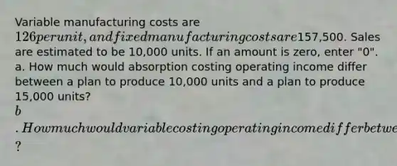 Variable manufacturing costs are 126 per unit, and fixed manufacturing costs are157,500. Sales are estimated to be 10,000 units. If an amount is zero, enter "0". a. How much would absorption costing operating income differ between a plan to produce 10,000 units and a plan to produce 15,000 units?b. How much would variable costing operating income differ between the two production plans?