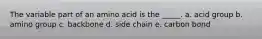 The variable part of an amino acid is the _____. a. acid group b. amino group c. backbone d. side chain e. carbon bond