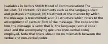 (variables in Berlo's SMCR Model of Communication) The _______, includes (1) content; (2) elements such as the language used and gestures employed; (3) treatment or the manner by which the message is transmitted; and (4) structure which refers to the arrangement of parts or flow of the message. The code shows how the message is sent: that is, the language (verbal code) used and the accompanying gestures (non-verbal code) employed. Note that there should be no mismatch between the verbal and non-verbal codes.