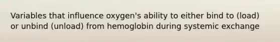 Variables that influence oxygen's ability to either bind to (load) or unbind (unload) from hemoglobin during systemic exchange