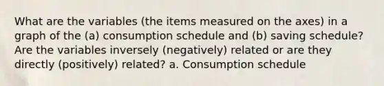 What are the variables (the items measured on the axes) in a graph of the (a) consumption schedule and (b) saving schedule? Are the variables inversely (negatively) related or are they directly (positively) related? a. Consumption schedule